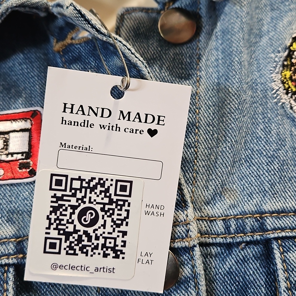 Hand Crafted Upcycled Rock Music Jean Jacket Vintage Embordery Patchwork Size S - Picture 3 of 17